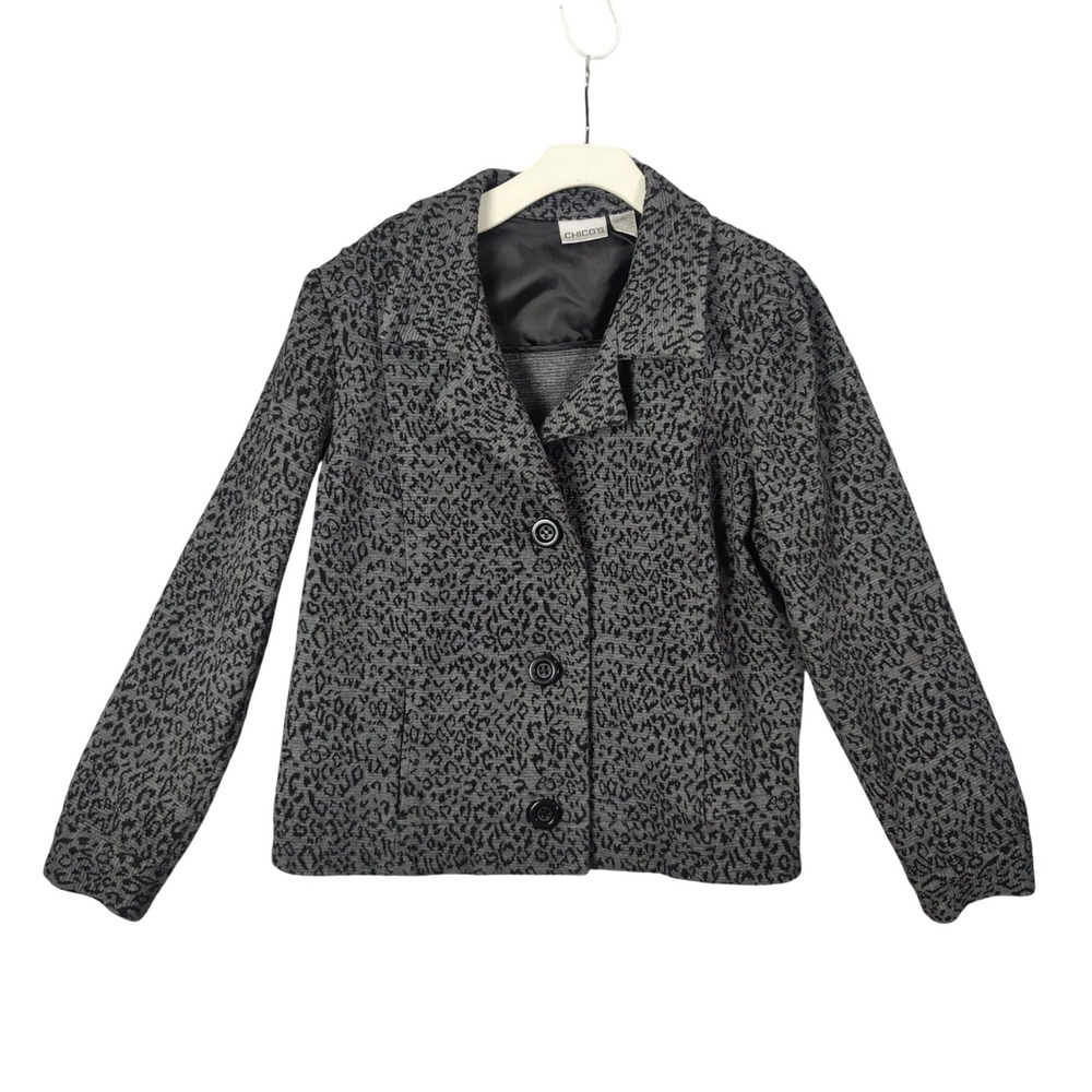 Chicos Animal Cat Leopard‎ Jacket Womens 3 US XL Blazer Gray Black Button Front